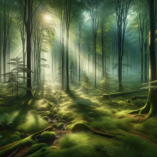 A tranquil forest bathed in soft morning light, devoid of any creatures, exuding quietude as a good morning image.