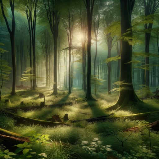 Serene early morning in a vibrant green forest, with sunlight filtering through mist and trees, good morning image.