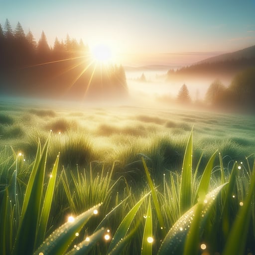 A serene spring morning landscape, awash with the gentle light of dawn, dewdrops sparkling on fresh greenery, embodying peace and renewal - good morning image.