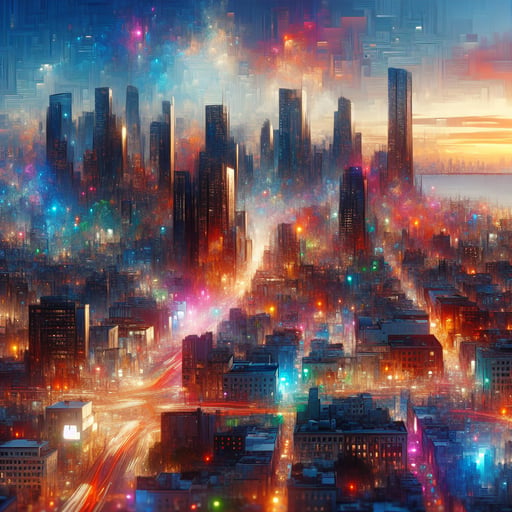 Vivid morning cityscape showing an energetic urban scene filled with colorful lights and buildings, perfect as a good morning image.