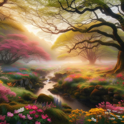 A serene good morning image capturing a mist-covered meadow with multicolored spring blossoms and a babbling brook.