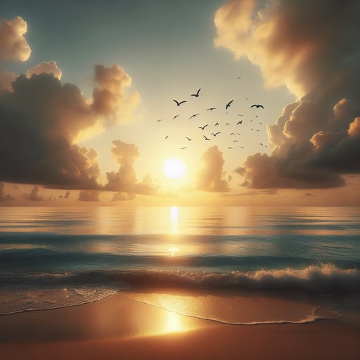 A serene good morning image of the sun rising over a calm ocean, with golden rays reflecting on the water and gentle waves caressing the sandy shore.