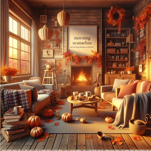 Good morning image showcasing a cozy autumn morning with a warm fireplace and hot beverages