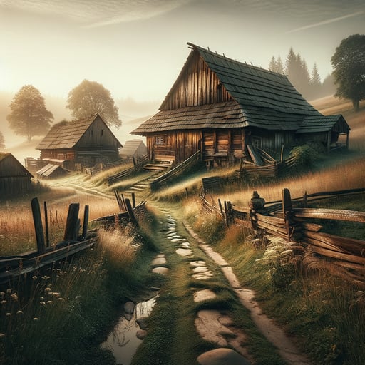 Serene good morning image of a rustic countryside landscape with traditional barns and a worn path, evoking peace.