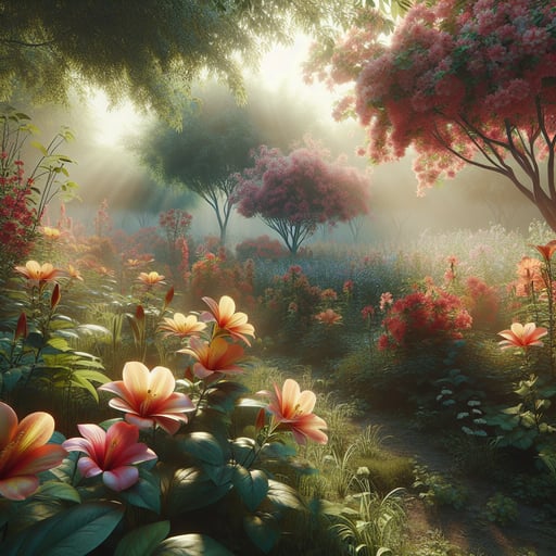A calm and serene morning scene with vibrant blossoming flowers under soft sunlight, perfect as a good morning image.