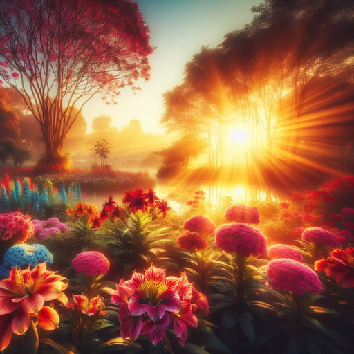 Vibrant flowers glowing in the early morning sun, symbolizing a fresh and joyous start to the day - a perfect good morning image.