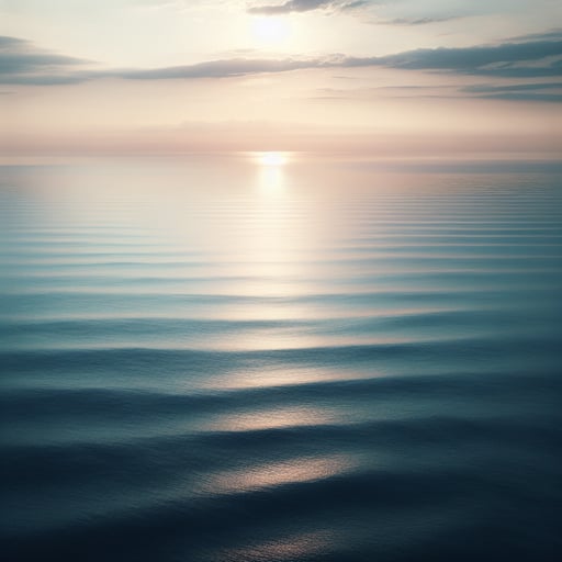 A tranquil morning seascape with calm sea under early sunlight, blending sea with sky in a serene good morning image.