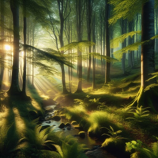 A tranquil forest at sunrise, with sunbeams creating patterns on the floor, and a gentle stream, embodying a serene good morning image