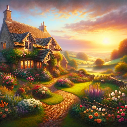 A picturesque countryside cottage at dawn, with blooming gardens and a welcoming pathway, encapsulating a perfect good morning image.