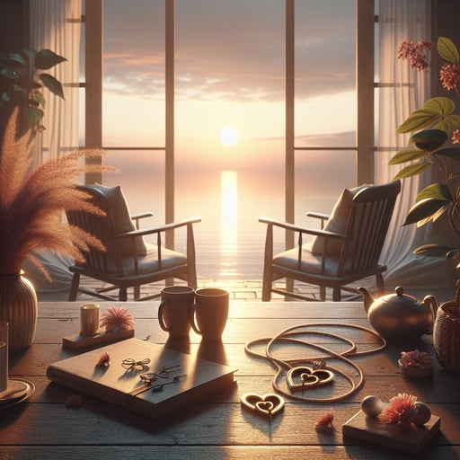 A tranquil morning scene with two coffee mugs on a table, heart-shaped lockets, and chairs facing a soft sunrise, symbolizing love and harmony - good morning image.