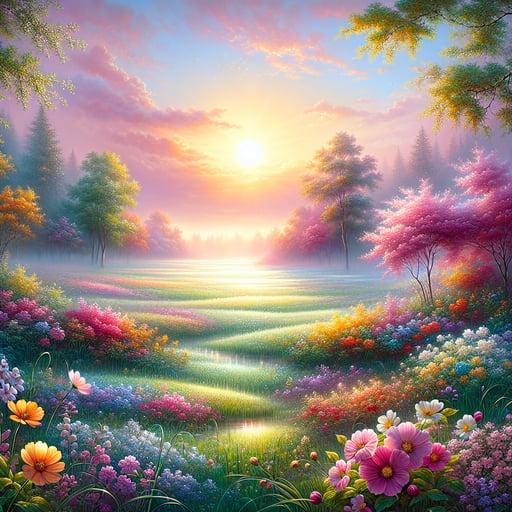 Serene spring morning with vibrant flowers and shimmering dew on grass, embodying a fresh start and optimism in a good morning image.