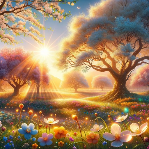 A beautiful good morning image, with sunlit blossoms and wildflowers in a peaceful, serene landscape, welcoming the day.