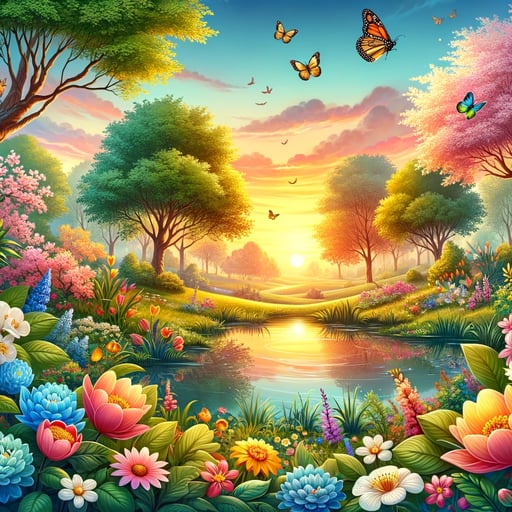 Good morning image of a spring awakening, with vibrant flowers, lush treetops, a colorful sunrise, and fluttering butterflies.