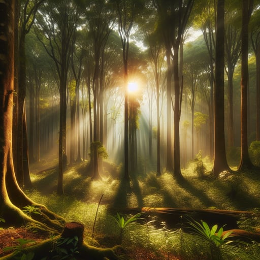 Serene forest morning scene with dew-kissed leaves and sunlit rays creating a peaceful good morning image.
