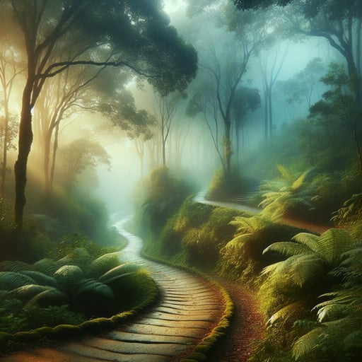 A good morning image depicting a tranquil forest pathway enshrouded in mist, creating an atmosphere of mystery and beauty.