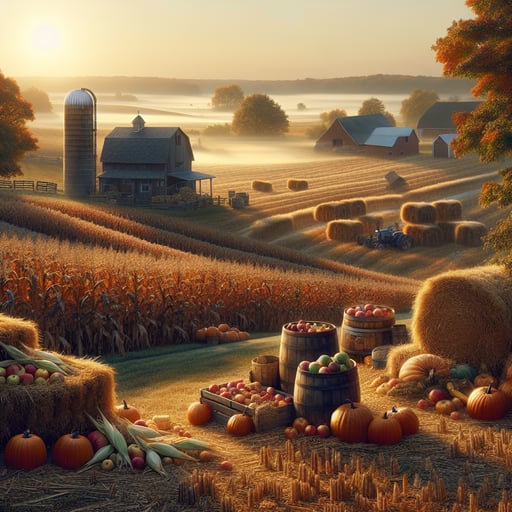 A peaceful autumn morning with harvested fields glowing under a soft sunrise, featuring hay bales, pumpkins, and stacks of corn - a perfect good morning image