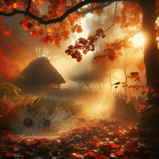 A tranquil autumn morning with vibrant leaves and a mystical fog surrounding a quaint cottage, perfect as a good morning image