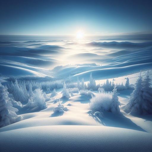 A pristine winter landscape bathed in the soft glow of sunrise, embodying a tranquil good morning image.
