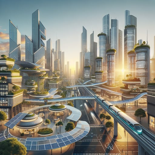 Good morning image of a futuristic, sustainable cityscape at sunrise, with high-tech buildings, solar panels, and green spaces.