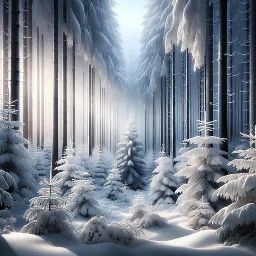 Tranquil winter forest scene in the morning, with snow-covered trees creating a serene, good morning image