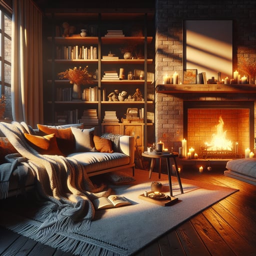 A serene and inviting living room aglow with morning light, featuring a cozy couch, a lit fireplace, and autumnal decor, embodying the warmth of the season. Ideal good morning image.