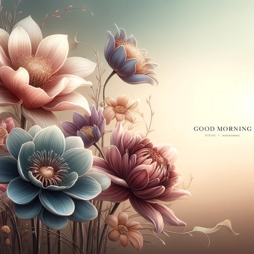 A serene morning scene with various exquisite flowers bathed in soft, diffused light, invoking a sense of calm and wonder. Ideal image to share as a good morning greeting.