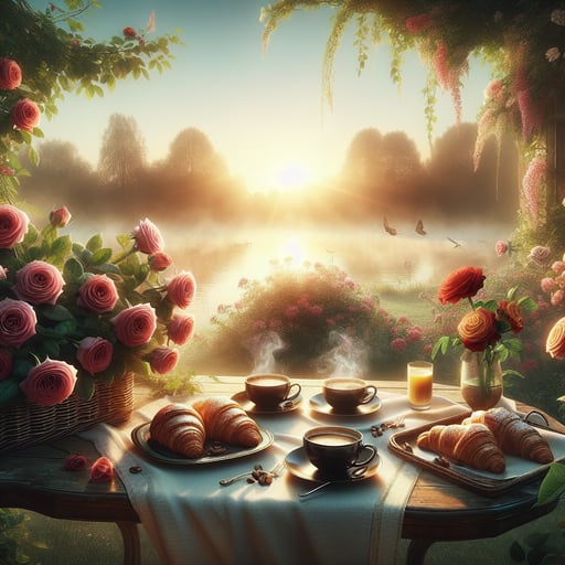 Good morning image depicting a romantic tranquil breakfast setting in a floral garden with steaming coffee and fresh croissants overlooking a serene lake at sunrise.