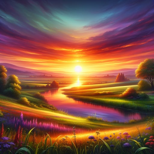 A radiant image of a sunrise featuring deep violet, fiery oranges and reds reflecting in a tranquil water body, ideal for a good morning greeting.