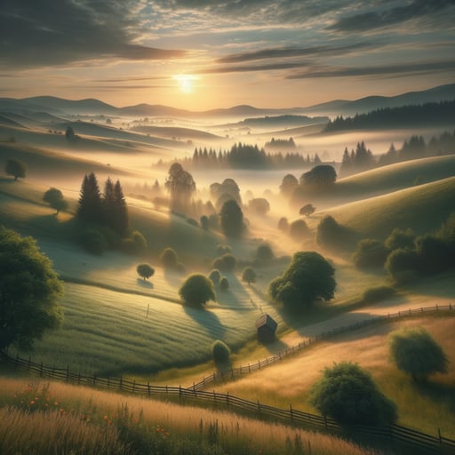 A tranquil countryside at dawn with hills, pastures, and wildflowers under a misty morning veil for a good morning image.