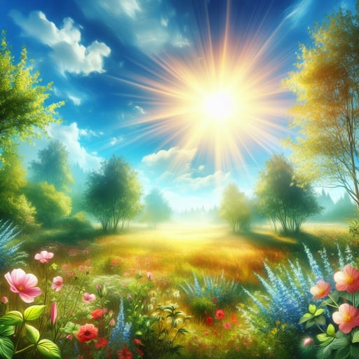 A serene good morning image portraying a sunny summer day with a clear blue sky and blooming flowers in vibrant sunlight.