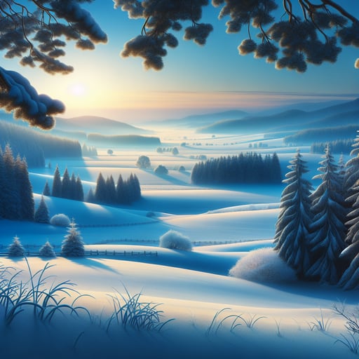 Serene winter dawn in the forest, with snow-covered pines and soft light reflecting over unbroken snowfields. A tranquil good morning image.