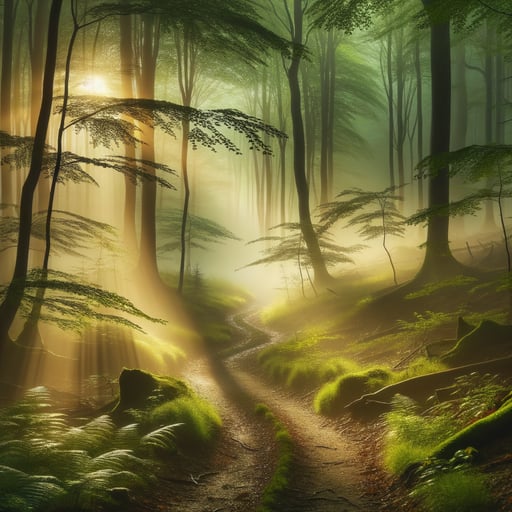 Mystical good morning image of a sunlit forest with mist, light rays piercing through leafy trees without any creatures.