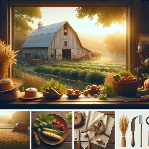 Peaceful farm scene in the early morning with wooden barns, fresh crops, and a communal table set with farm produce, embodying a good morning image.