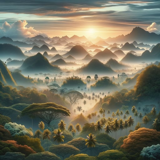 Serene good morning image of diverse ecosystems from forests to coral reefs and mountains, absent of any living beings.