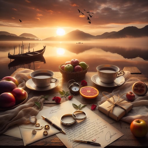 A serene morning scene with intertwined wedding bands on a love letter, a calm lake at sunrise, and a peaceful breakfast setup, symbolizing a blissful romantic union.