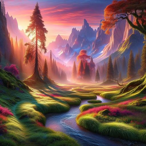 A breathtaking early morning landscape with vivid colors of dawn, sparkling dew on grass, ancient autumn trees, a serene brook, and snow-capped mountains in the background.