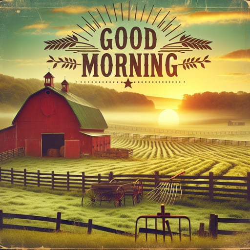 A serene early morning farm scene with a red barn, dewy crops, and a sunrise backdrop, featuring farm tools in the forefront and 'Good Morning' text.