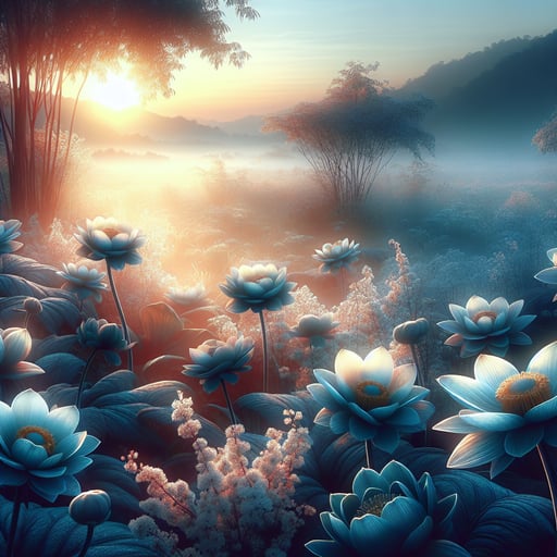 A peaceful morning scene highlighted by intense, detailed blossoms under gentle sunrise, encapsulating the essence of a new day in a good morning image.