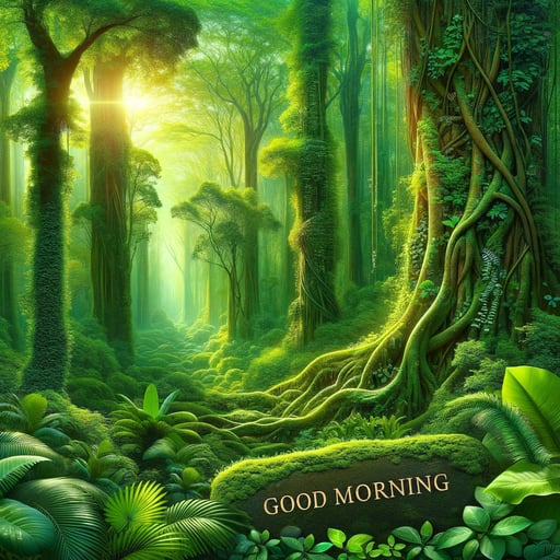 A serene good morning image of a sunlit forest with lush foliage, symbolizing peace and vitality.