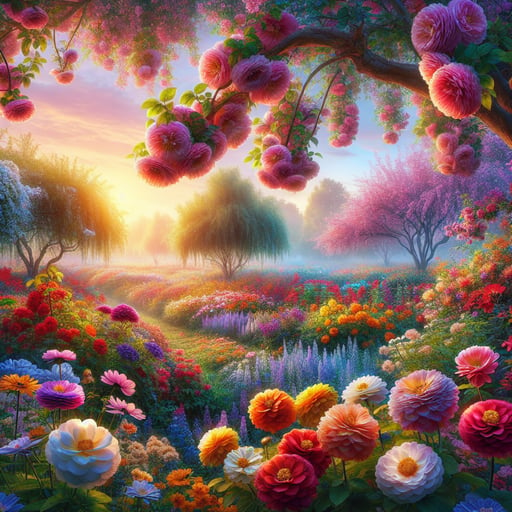 A vibrant good morning image of a serene garden filled with colorful, blooming flowers, bathed in the dewy light of dawn.