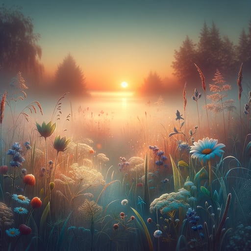 A peaceful good morning image capturing a serene sunrise, with dew on grass and blooming flowers.