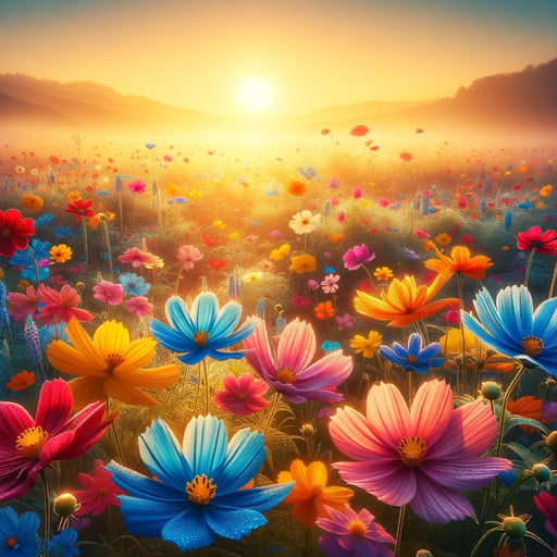 Serene landscape of vibrant red, blue, yellow, purple, orange, and pink dew-kissed flowers under the morning sun in a good morning image.