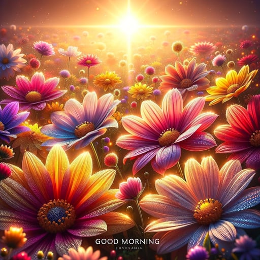 A breathtaking good morning image capturing flowers in a myriad of colors sparkling under the sunrise, inviting a day of joy and light.