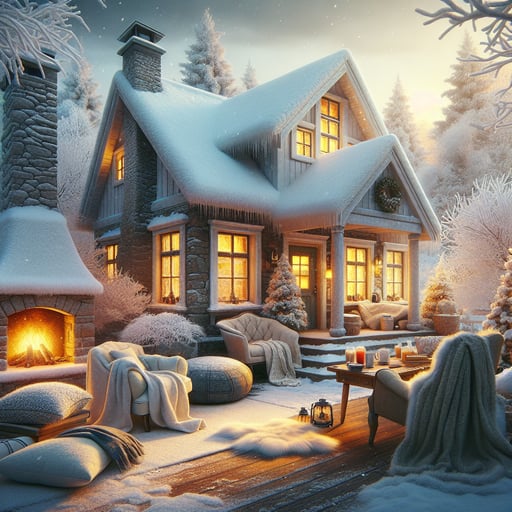 A quaint snow-capped cottage surrounded by frost-kissed trees with a warm glow emanating from its windows on a serene winter morning.