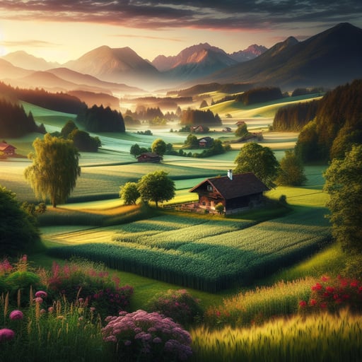 Tranquil good morning image of a lush countryside, with a rustic cottage under the gentle sunrise.