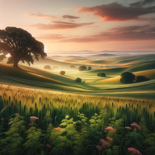 Peaceful countryside landscape in morning light, with rolling hills and a sky flushed with pinks and oranges, embodying a good morning image.