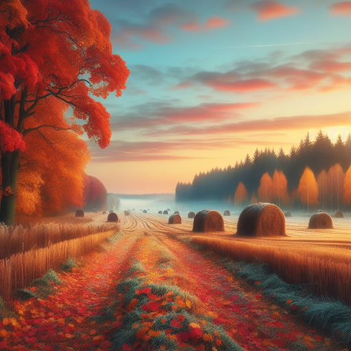 A good morning image featuring autumn's harvested fields with colorful trees, fallen leaves, haystacks, and a frosty sunrise.