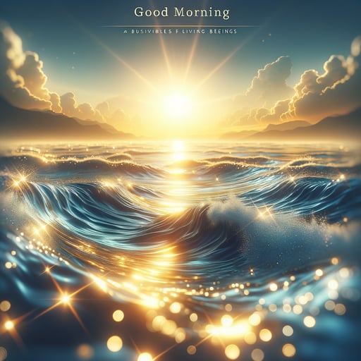 Serene seascape at dawn, the ocean waters sparkle beneath a golden sun with a 'Good Morning' message.