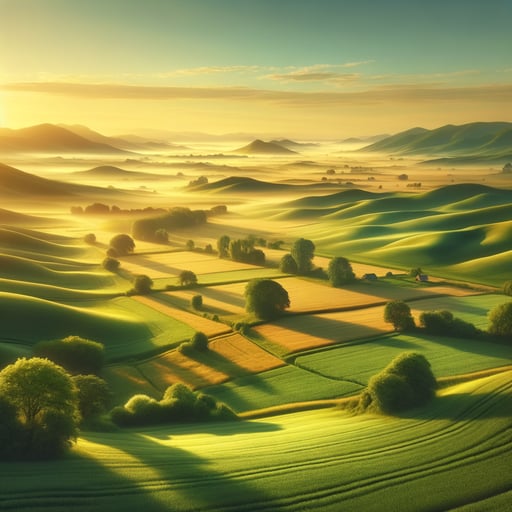 Serene countryside during an idyllic morning, good morning image with golden sunlight bathing green hills.