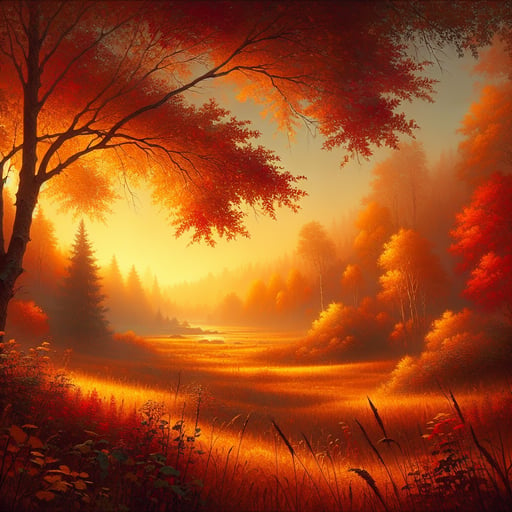Tranquil autumn morning landscape filled with vibrant oranges, reds, and golds of the fall foliage, embodying a peaceful and warm good morning image.